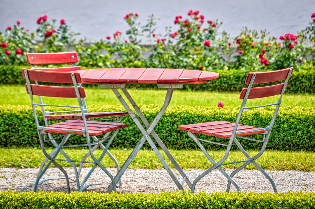 Cozy outdoor garden setup with red chairs and table, surrounded by blooming roses.